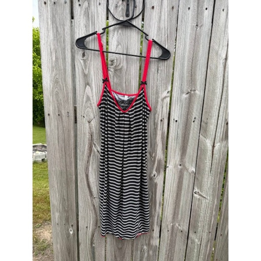 George Womens Black White Striped Lace Trim Nightgown Red Straps‎ Bows M 8-10